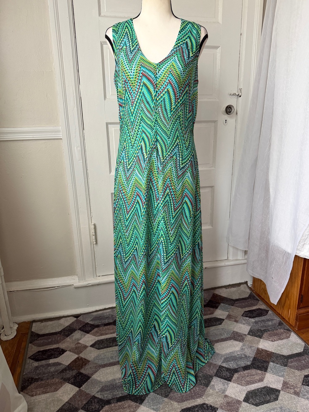 Sharagano Teal Boho V-Neck Maxi Dress Chevron Sleeveless Colorful Resort Summer‎